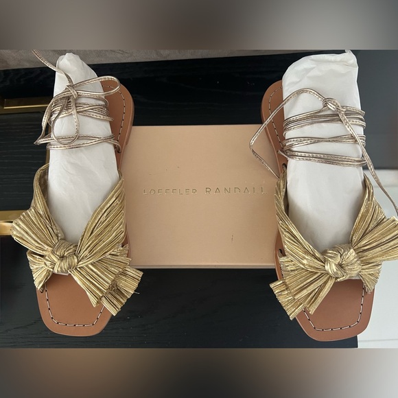Loeffler Randall Peony Ankle-Wrapped Knotted Metallic Gold Sandals Size 8 - Picture 9 of 12